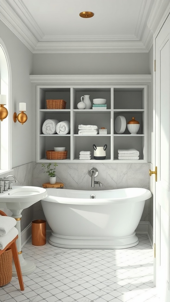 13 Bathroom Ideas Decor For A Chic And Refreshing Space 10 Elegant bathroom with open shelving, decorative items, and organized storage solutions.