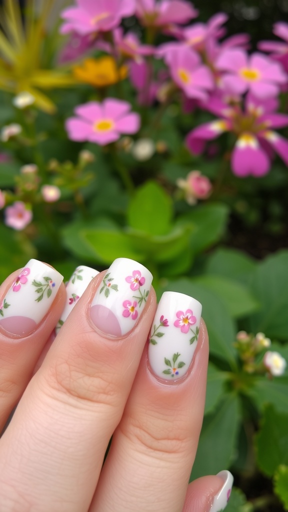 7 Magical Fairy Garden Nail Designs For Spring 3 Nail design featuring floral accents with pink flowers on a white background