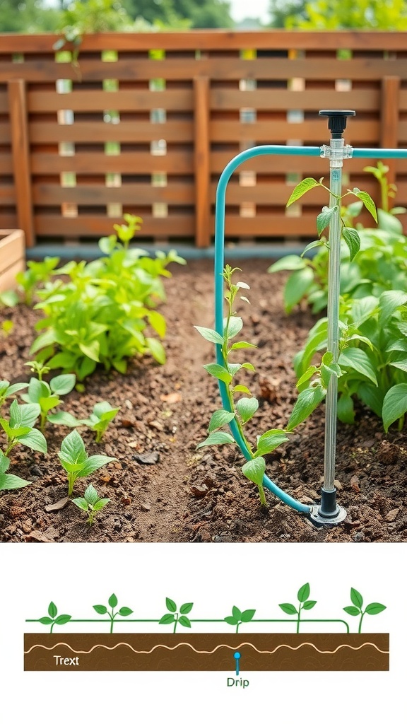 9 Essential Steps To Successful Garden Planning 5 A drip irrigation system set up in a garden with young plants growing.