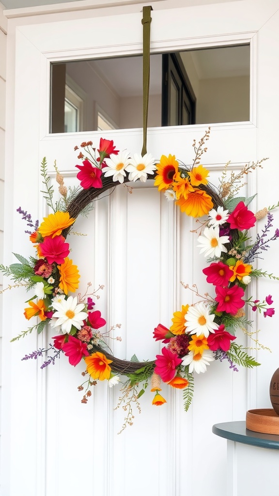 13 Creative Arreglos Florales DIY Ideas You’Ll Want To Try 8 A vibrant floral hoop wreath with colorful flowers hanging on a door.