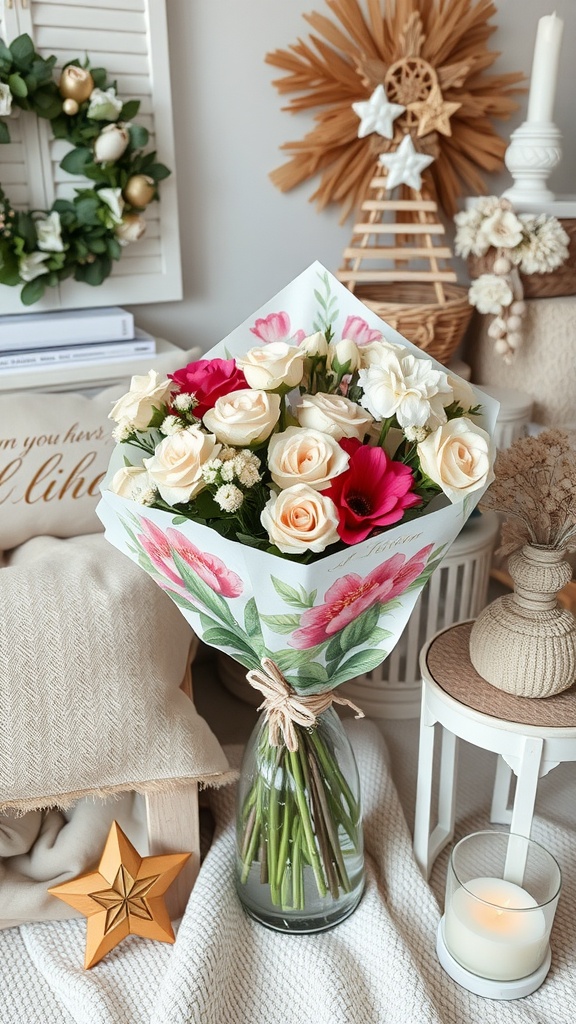 13 Beautiful DIY Bouquet Wrap Ideas To Try 7 A bouquet wrapped in floral printed tissue paper featuring roses, daisy flowers, and a background of decorative home items.