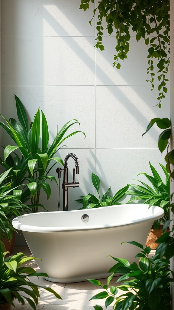 Freestanding bathtub surrounded by green plants in a cozy bathroom setting