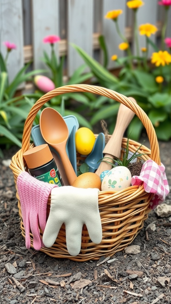7 Fun Easter Basket Ideas For Kids 13 A wicker basket filled with gardening tools, gloves, seed packets, colorful eggs, and potting soil, surrounded by flowers.