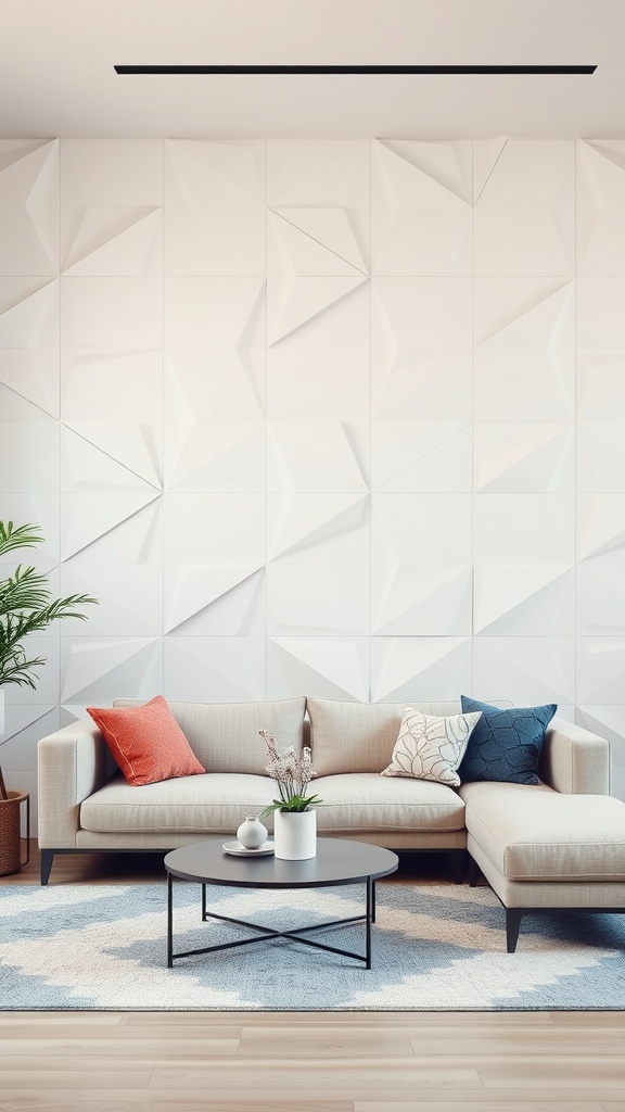 13 Wall Paneling Ideas For A Stylish Home Upgrade 3 A modern living room with geometric wall panels in white, featuring a cozy sofa and a coffee table.