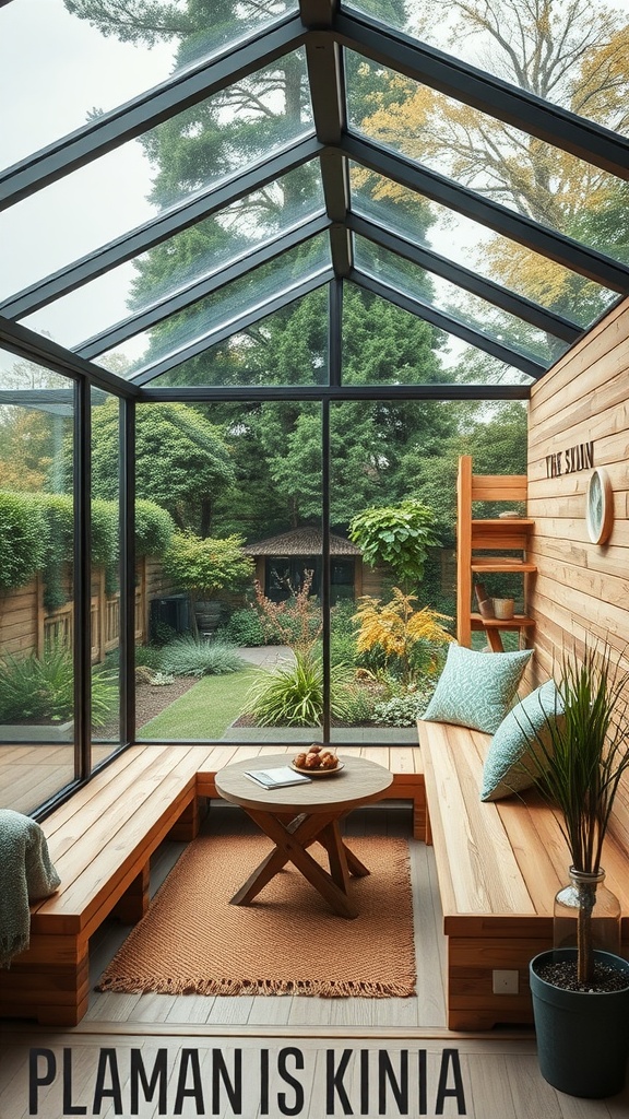 13 Modern Outdoor Sauna Ideas Backyard 4 A cozy glass-enclosed sauna with wooden benches and a view of a lush garden.