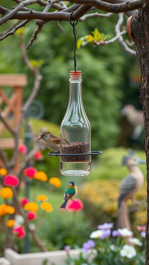 9 DIY Glass Bottle Craft Ideas To Try 12 A glass bottle bird feeder hanging from a tree branch with a bird feeding from it, surrounded by colorful flowers.