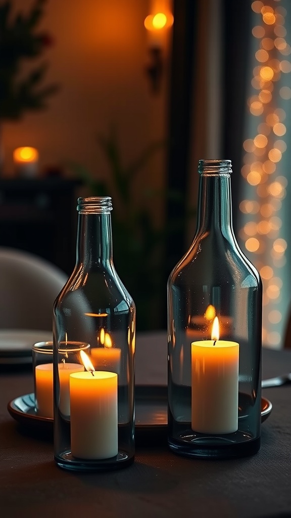 9 DIY Glass Bottle Craft Ideas To Try 4 Two glass bottles with candles inside, creating a warm ambiance.