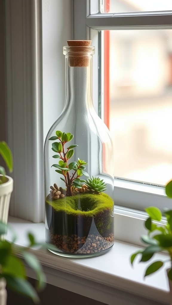 9 DIY Glass Bottle Craft Ideas To Try 5 A glass bottle terrarium with moss and small plants, sitting on a windowsill