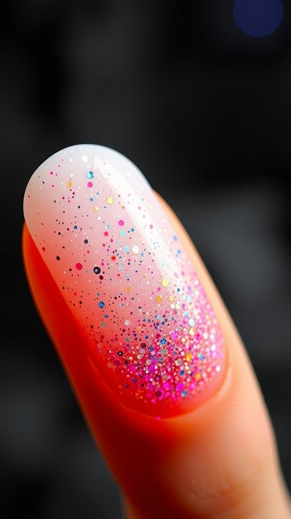 7 Magical Fairy Garden Nail Designs For Spring 9 A close-up of a nail with a glittering fairy dust gradient design.