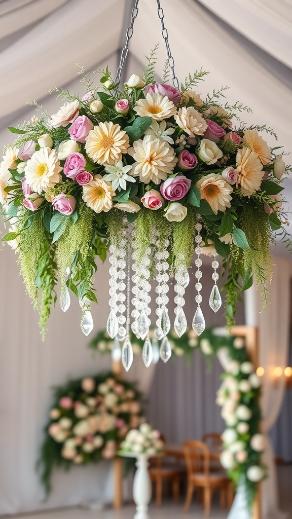 13 Creative Arreglos Florales DIY Ideas You’Ll Want To Try 10 A beautiful hanging floral chandelier with pink and yellow flowers and crystal accents.