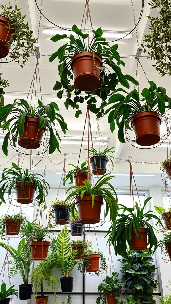13 Stunning Cheap Ceiling Ideas DIY You’Ll Love 9 A collection of hanging planters with various green plants, creating an indoor garden effect.