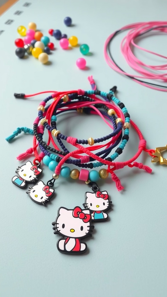 7 Creative Hello Kitty Craft Ideas You’Ll Love 12 A collection of colorful Hello Kitty friendship bracelets made with beads and threads, featuring cute Hello Kitty charms.