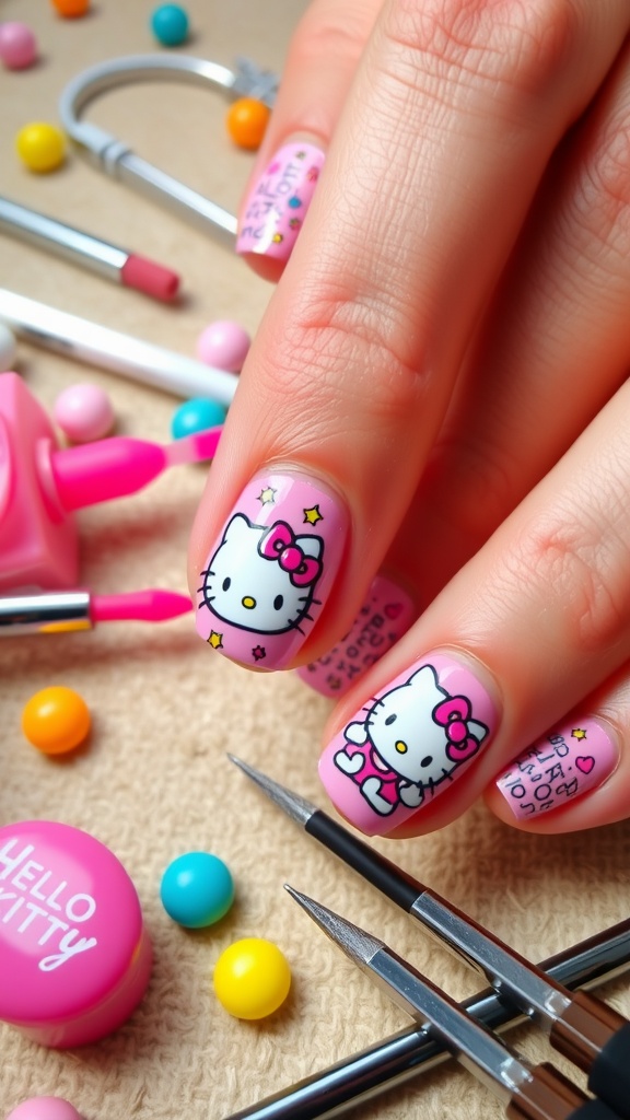 7 Creative Hello Kitty Craft Ideas You’Ll Love 4 Close-up of decorated nails featuring Hello Kitty designs with nail art tools