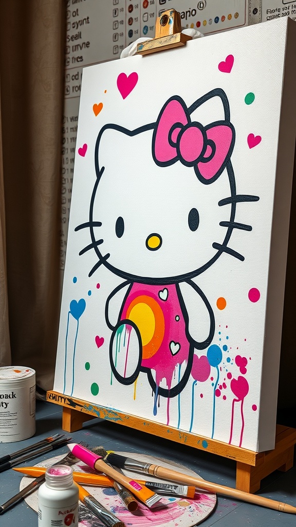 7 Creative Hello Kitty Craft Ideas You’Ll Love 8 A colorful Hello Kitty painting on a canvas with hearts and paint splashes.