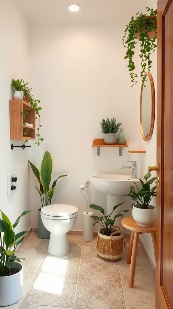 9 Small Bathroom Inspiration Ideas You Need To Copy 6 A small bathroom featuring plants, wooden accents, and natural light.