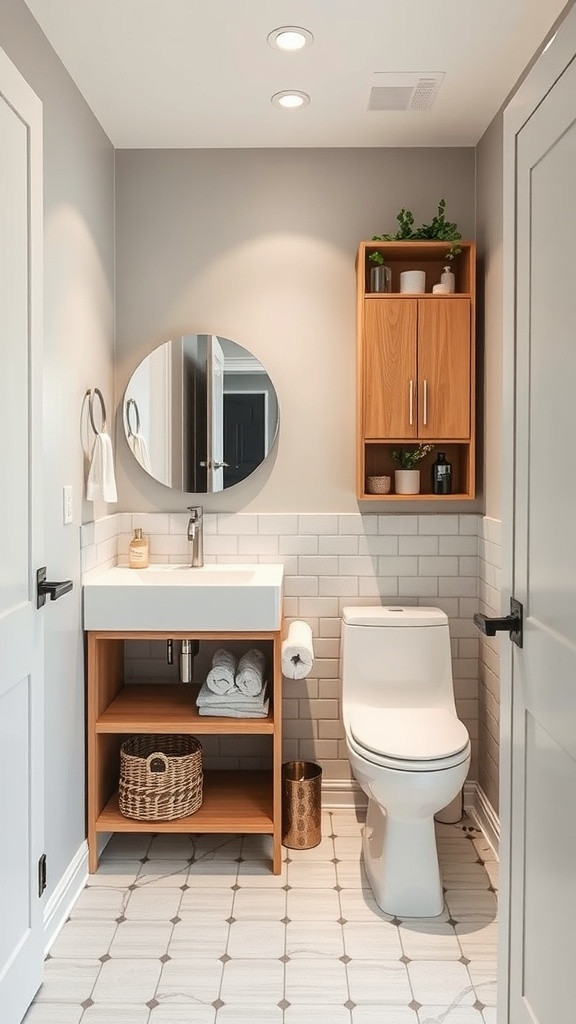 9 Small Bathroom Inspiration Ideas You Need To Copy 7 A small bathroom featuring wood storage, a round mirror, and open shelving.