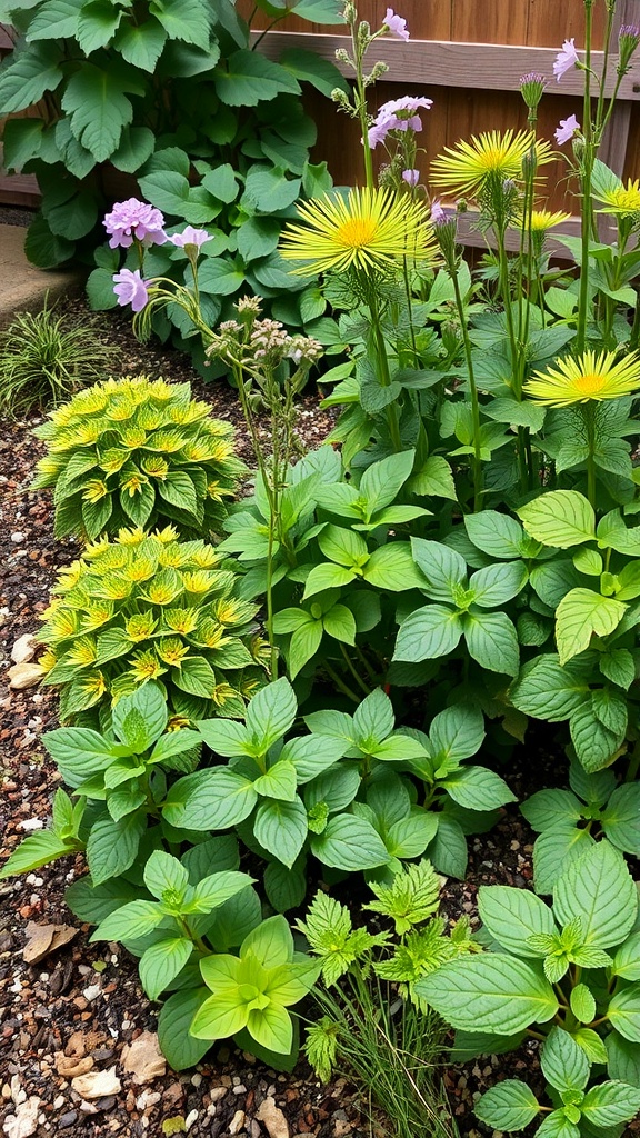 A colorful small garden featuring various plants including herbs and flowers.