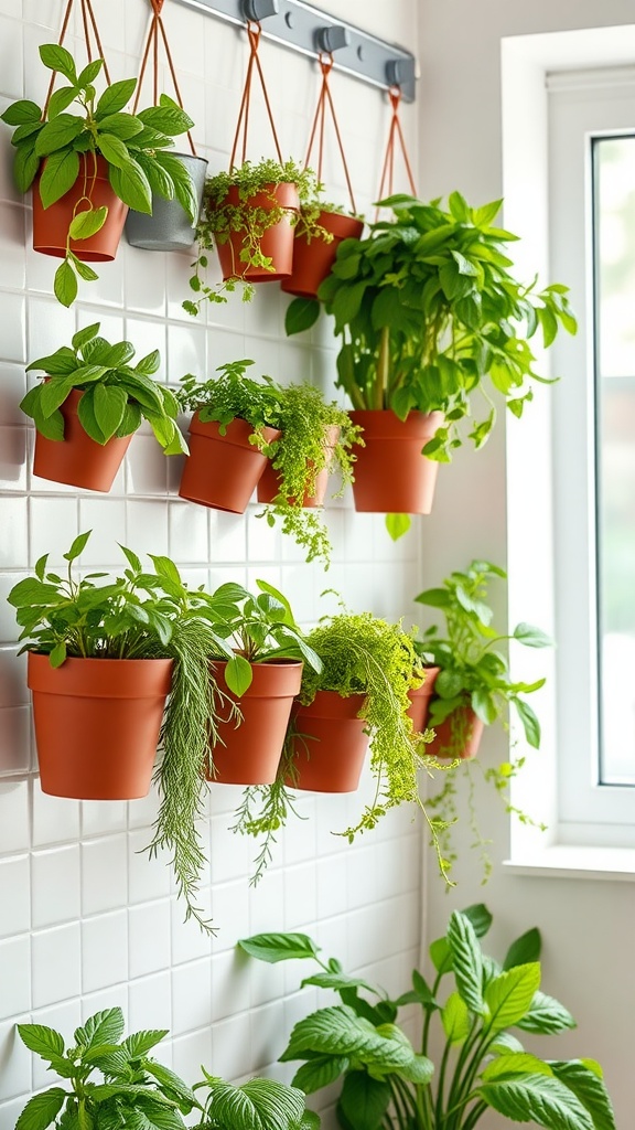 11 Inspiring Plant Wall Ideas To Transform Your Space 8 Indoor herb wall featuring pots of various herbs arranged on a wall.