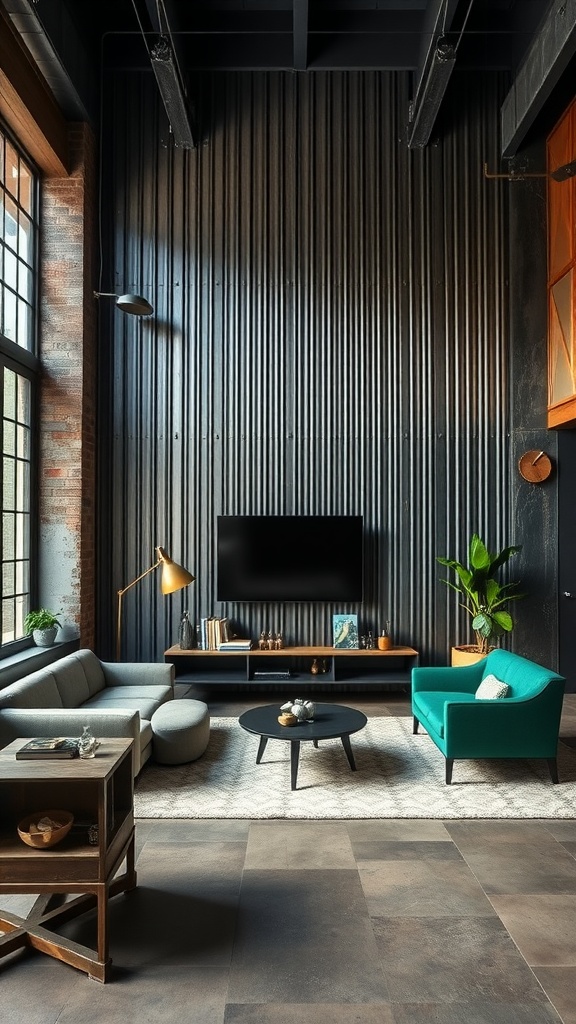 13 Wall Paneling Ideas For A Stylish Home Upgrade 11 A modern living room featuring industrial metal wall panels, a grey sofa, and a teal chair.