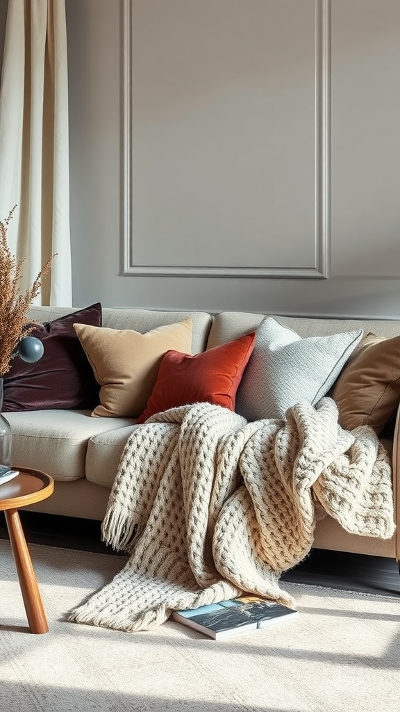 9 Living Room Inspirations For A Cozy & Stylish Space 6 A cozy living room setup featuring a sofa with various pillows and a knitted blanket.