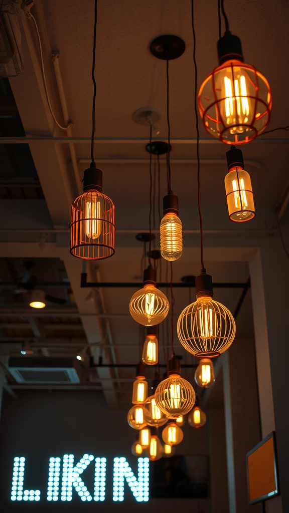 13 Stunning Cheap Ceiling Ideas DIY You’Ll Love 11 A collection of stylish hanging light fixtures in various shapes and sizes, illuminating the space with a warm glow.