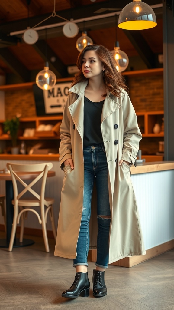 7 Stylish Easter Outfit Ideas For Women 8 A woman wearing a lightweight trench coat with jeans and boots, posing in a cozy café setting.