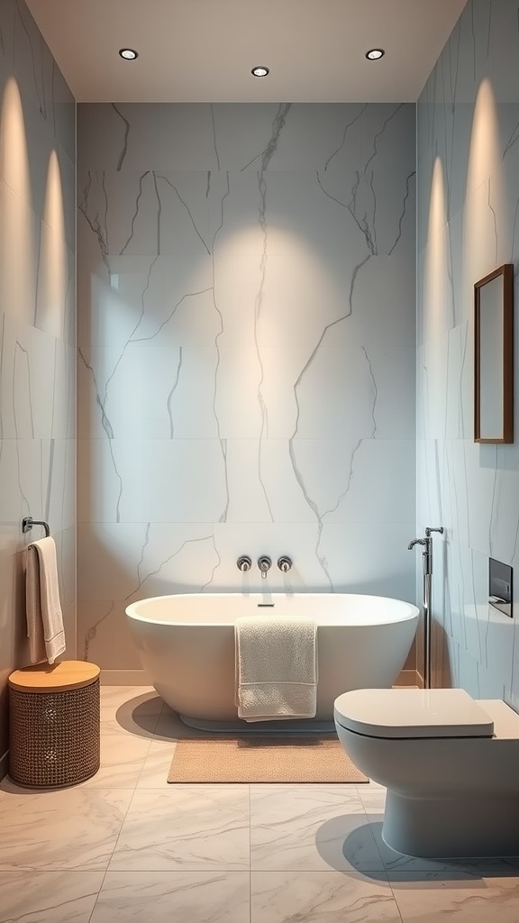 13 Bathroom Ideas Decor For A Chic And Refreshing Space 6 A bathroom featuring a freestanding tub, modern fixtures, and soft lighting against a marble backdrop.