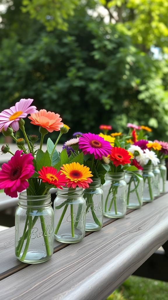 13 Creative Arreglos Florales DIY Ideas You’Ll Want To Try 7 A row of colorful flowers in mason jars, displayed on a wooden table.