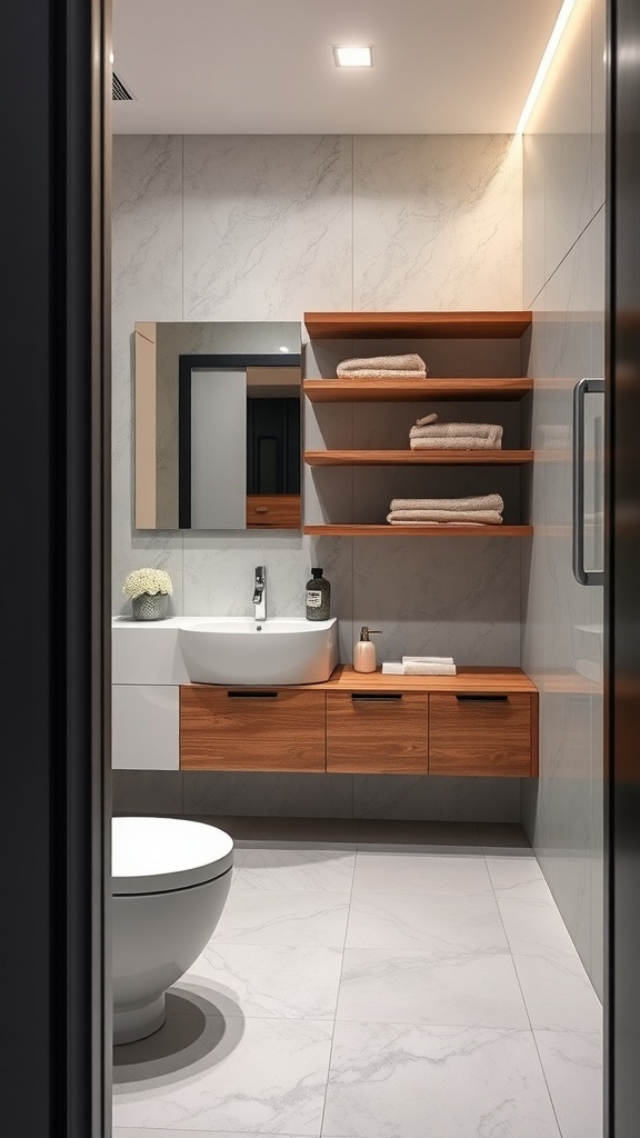 9 Small Bathroom Inspiration Ideas You Need To Copy 12 Small bathroom with floating shelves and vanity, showcasing an organized and spacious design.