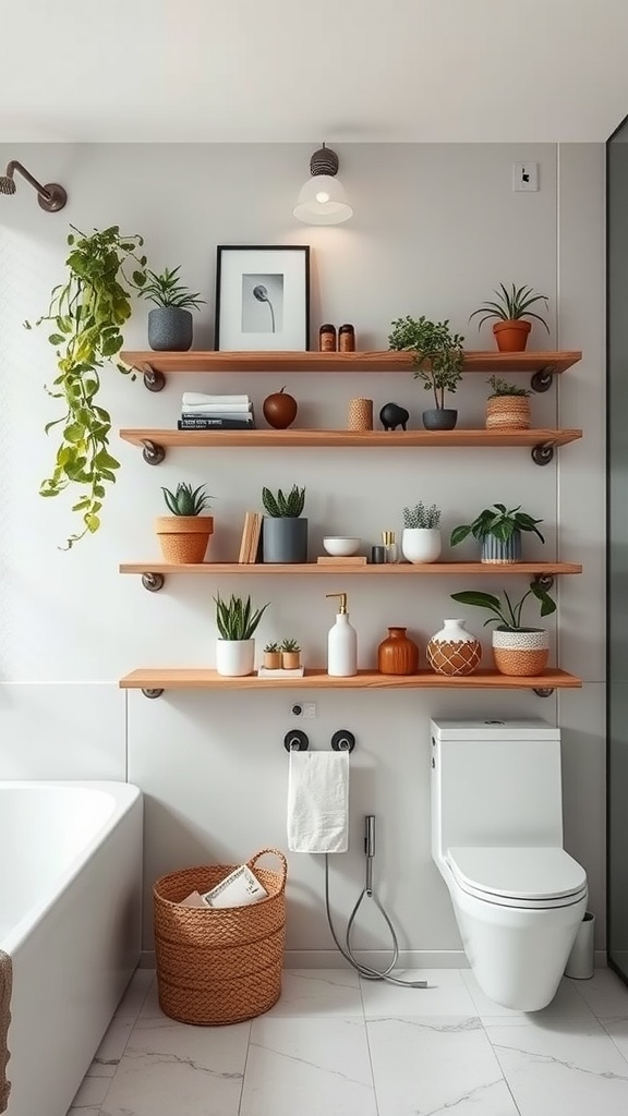 13 Bathroom Ideas Decor For A Chic And Refreshing Space 3 A minimalist bathroom with floating wooden shelves displaying various plants and decorative items.