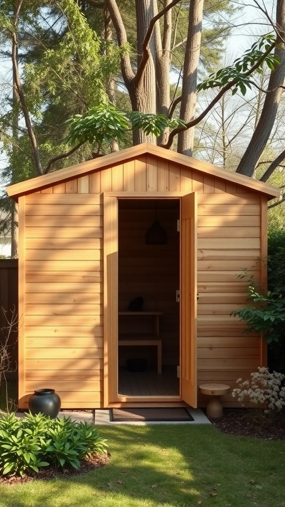 13 Modern Outdoor Sauna Ideas Backyard 6 A minimalist wooden sauna with an open door, surrounded by greenery.