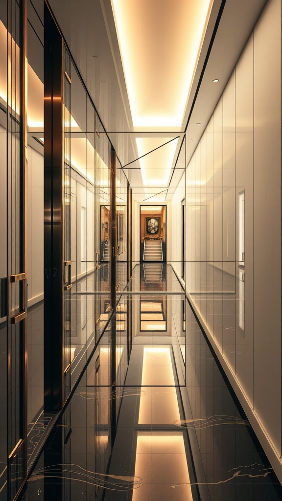 13 Wall Paneling Ideas For A Stylish Home Upgrade 20 A modern hallway with mirrored wall panels and elegant lighting.