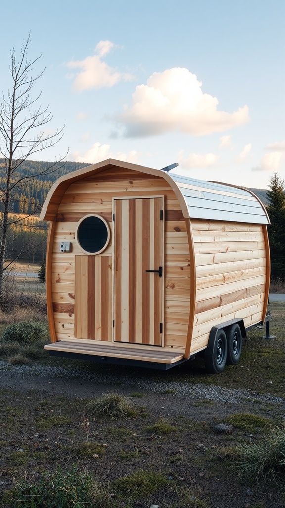 13 Modern Outdoor Sauna Ideas Backyard 8 A wooden mobile sauna on wheels with a rounded roof, parked in a scenic outdoor location.