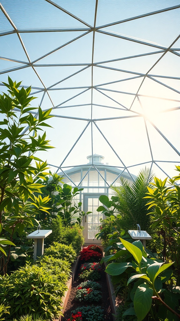 13 Gorgeous Green House Ideas To Grow Your Own Garden 6 Interior view of a modern geodesic dome greenhouse filled with lush greenery and flowers.
