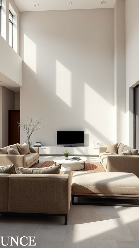 9 Living Room Inspirations For A Cozy & Stylish Space 7 A modern minimalist living room featuring neutral-toned furniture and a spacious layout.