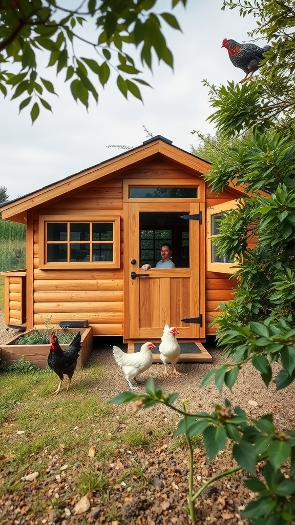 13 Chicken House Ideas For A Stylish And Functional Coop 5 A modern rustic chicken coop with a wooden exterior and chickens roaming in the yard.