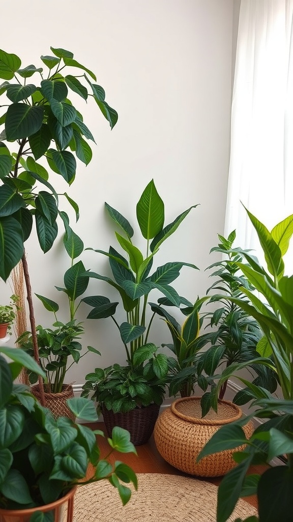 11 Inspiring Plant Wall Ideas To Transform Your Space 12 A corner filled with various houseplants in stylish pots, showcasing vibrant green foliage.