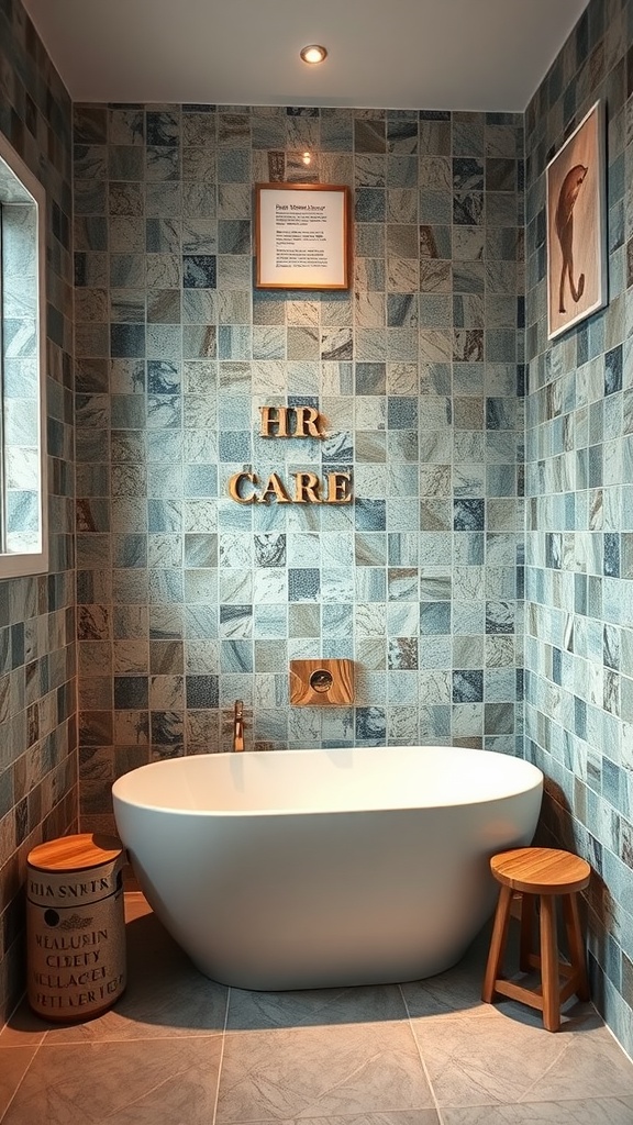 13 Wall Paneling Ideas For A Stylish Home Upgrade 10 Mosaic tile panels in a modern bathroom with a freestanding tub and wooden accents.