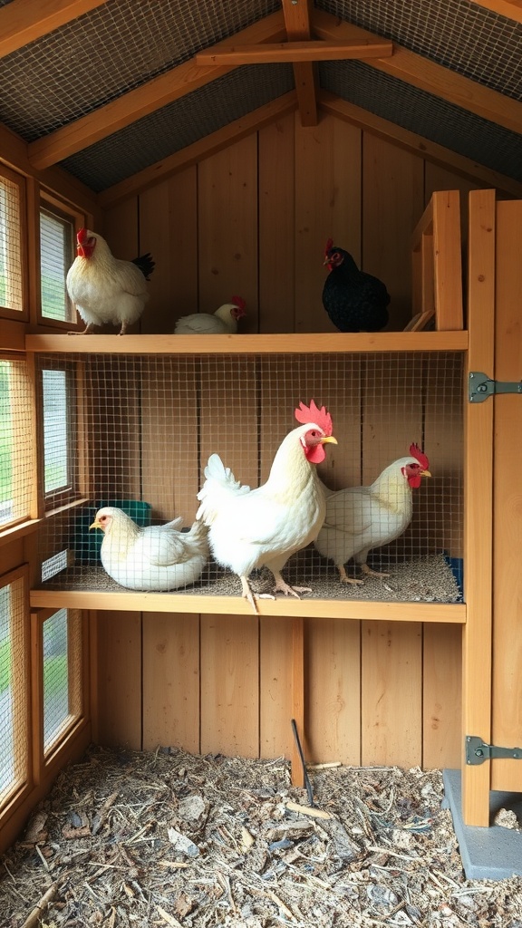13 Chicken House Ideas For A Stylish And Functional Coop 8 Multi-level chicken coop with several chickens on different levels.