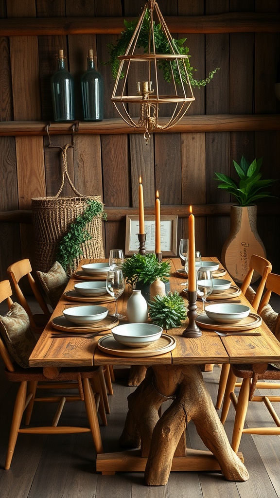 13 Modern Dining Table Decor Ideas For A Stylish And Inviting Look 6 A beautifully decorated wooden dining table with natural elements, including candles and greenery.