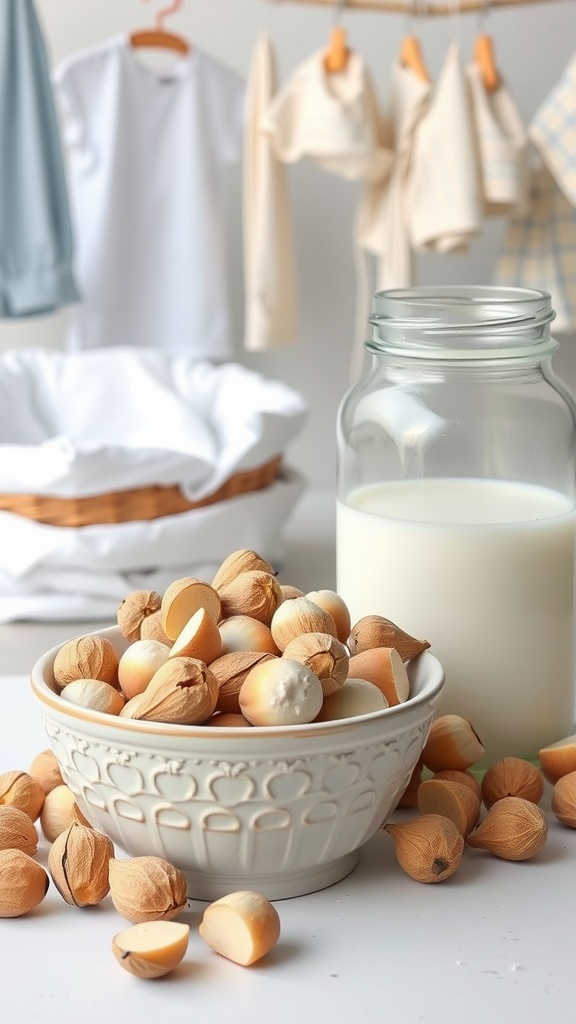 13 Creative Diy Laundry Detergent Powder Ideas To Try 2 A bowl filled with soap nuts, a natural laundry solution, alongside a glass jar of liquid in a laundry setting.