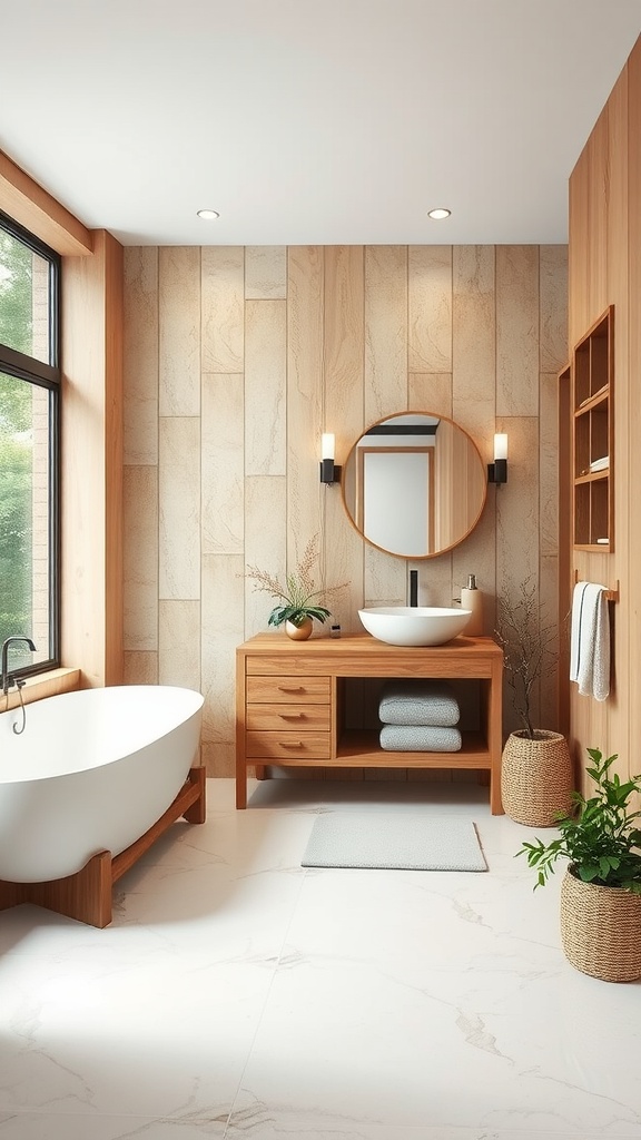 13 Bathroom Ideas Decor For A Chic And Refreshing Space 7 A chic bathroom featuring natural wood accents with a bathtub, sink, and plants.