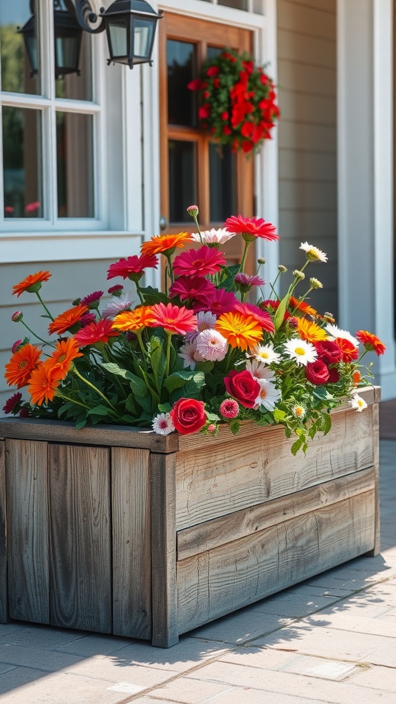 13 Creative Arreglos Florales DIY Ideas You’Ll Want To Try 12 A natural wood flower box filled with vibrant flowers like gerbera daisies and roses, placed outside a house.