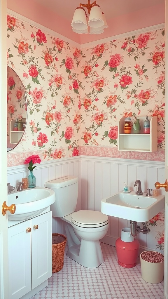9 Gorgeous Pink Retro Bathroom Ideas You’Ll Love 6 A bathroom featuring nostalgic floral wallpaper in pink with roses, white fixtures, and vintage decor.