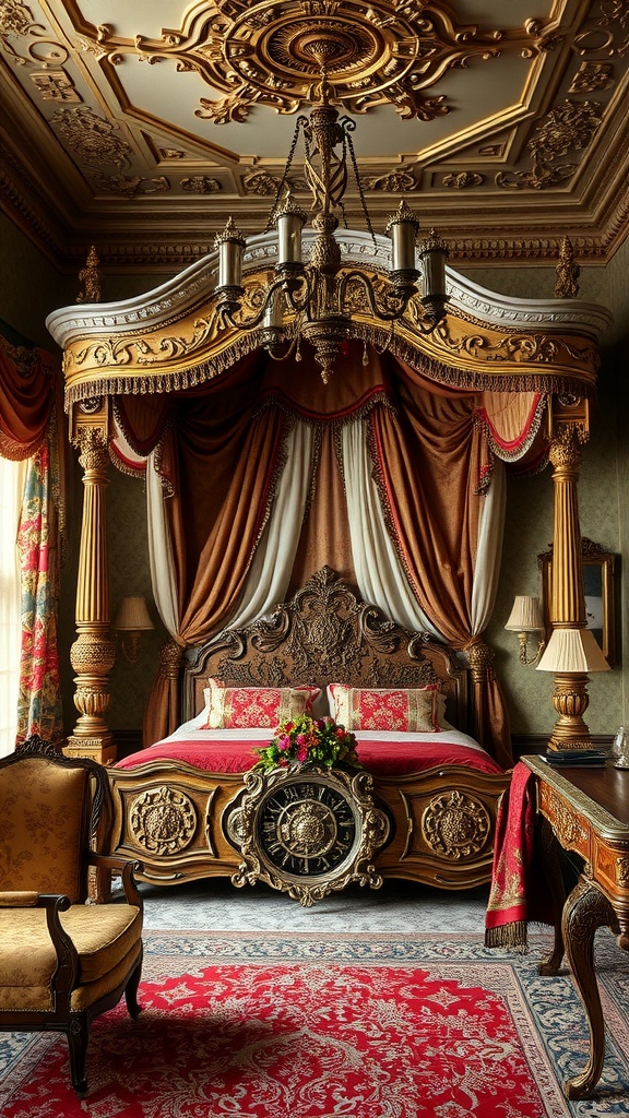 13 Beautiful Victorian House Interiors Ideas To Inspire You 7 Ornate Victorian bedroom with a canopy bed, intricate designs, and rich colors.