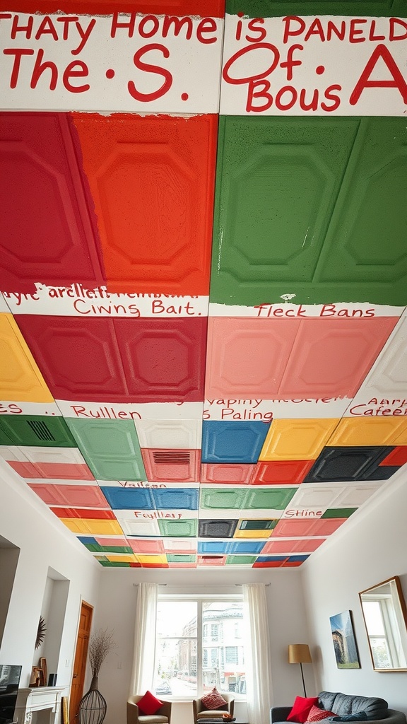 13 Stunning Cheap Ceiling Ideas DIY You’Ll Love 5 Colorful painted drop ceiling tiles in a living room