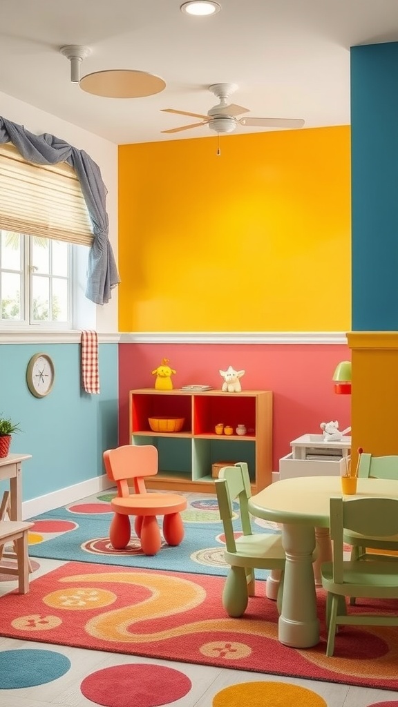 13 Wall Paneling Ideas For A Stylish Home Upgrade 4 A colorful children's playroom featuring painted wall panels in various shades.