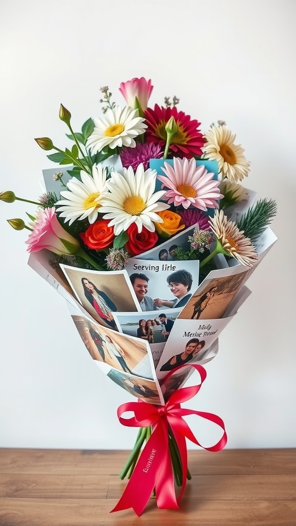13 Beautiful DIY Bouquet Wrap Ideas To Try 6 A bouquet wrapped in a photo collage featuring happy memories and bright flowers.