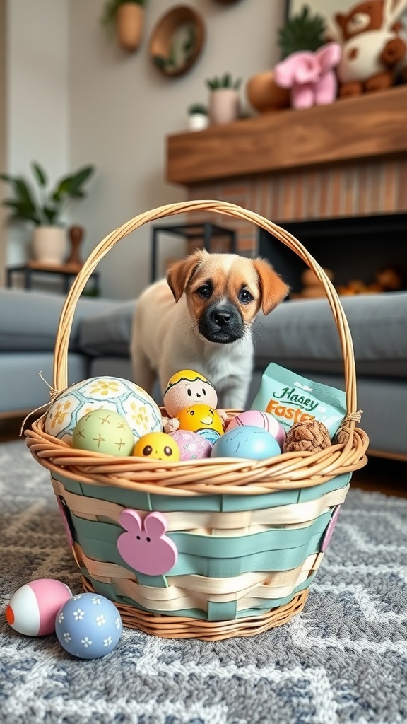 7 Fun Easter Basket Ideas For Kids 6 A pet-themed Easter basket filled with colorful eggs and treats, with a cute puppy in the background.