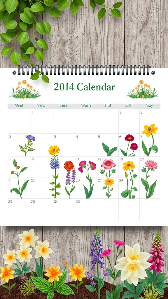 9 Essential Steps To Successful Garden Planning 8 A colorful calendar featuring different flowers for each month, set against a wooden background.